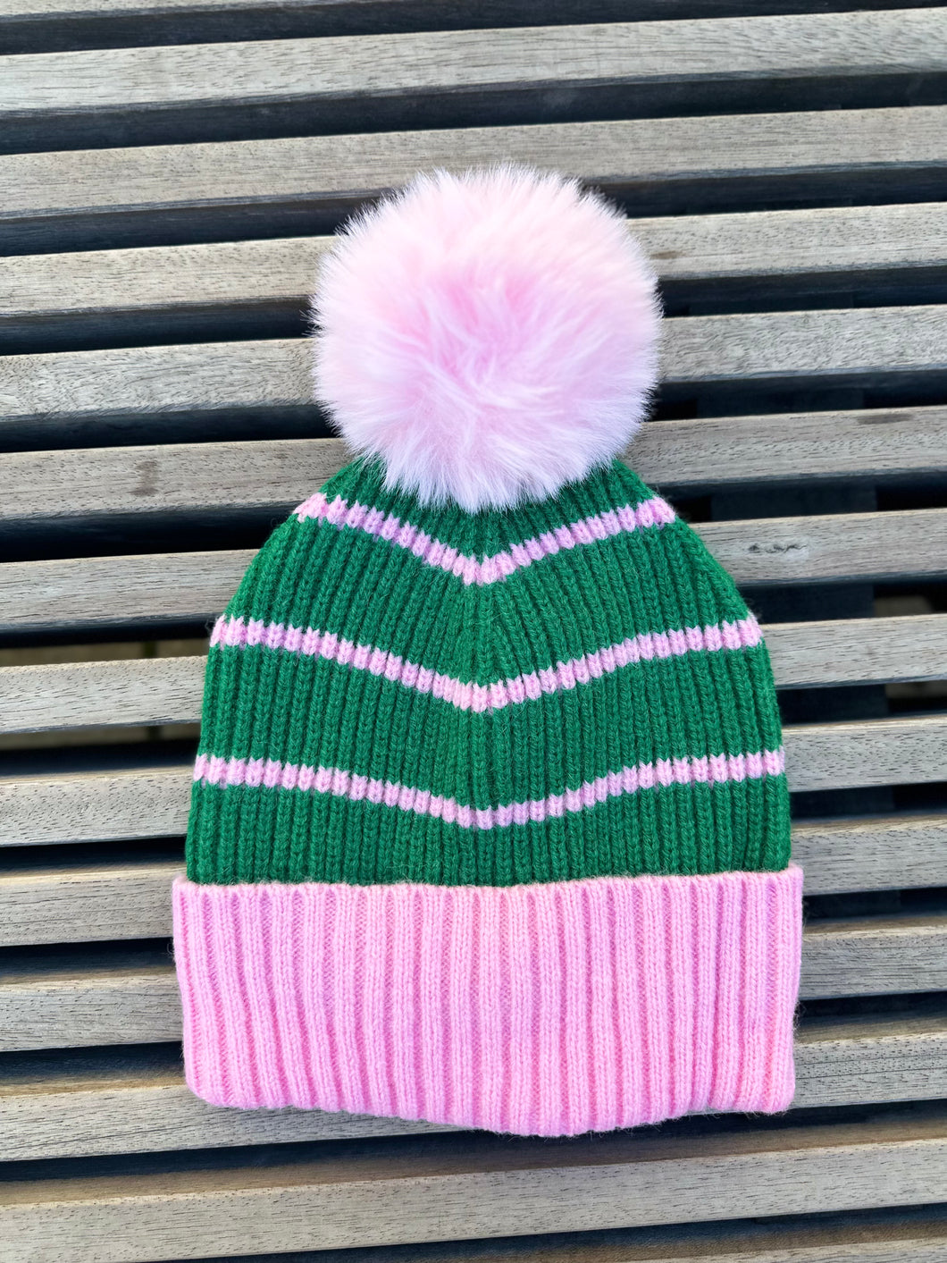 Green and Pink Knitted Beanie
