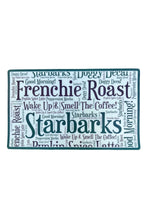 Load image into Gallery viewer, A dog bowl mat featuring a coffee-themed typographic collage with the words 'Starbarks' and 'Frenchie Roast' in dark teal and gray.
