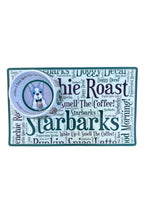 Load image into Gallery viewer, A rectangular dog bowl mat and dog bowl with a word cloud reads phrases like 'Chic Roast', 'Starbarks', and 'Smell The Coffee!
