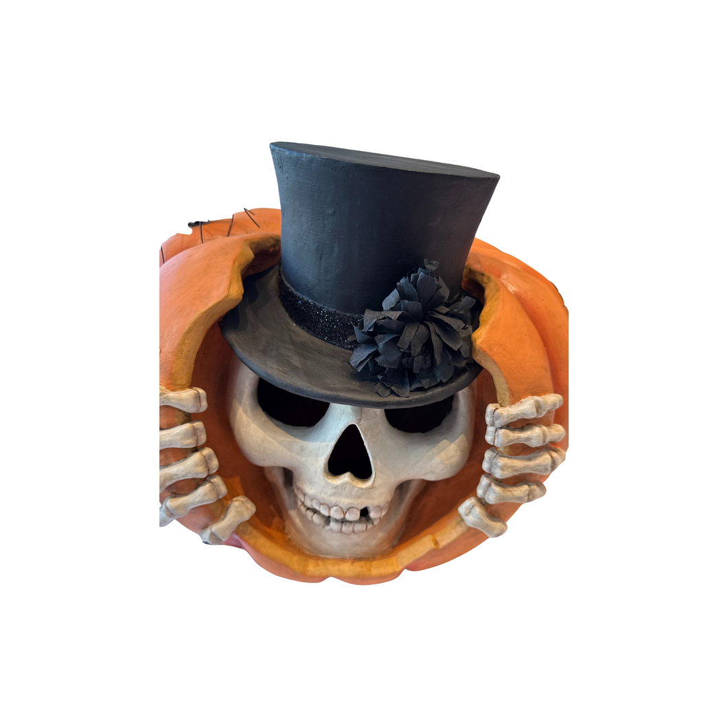 Pumpkin with Skeleton Head Paper Mache