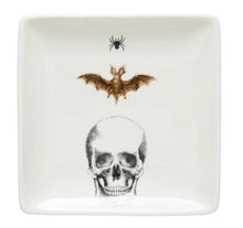 Load image into Gallery viewer, Skeleton Head and Bat Stoneware Halloween Plate
