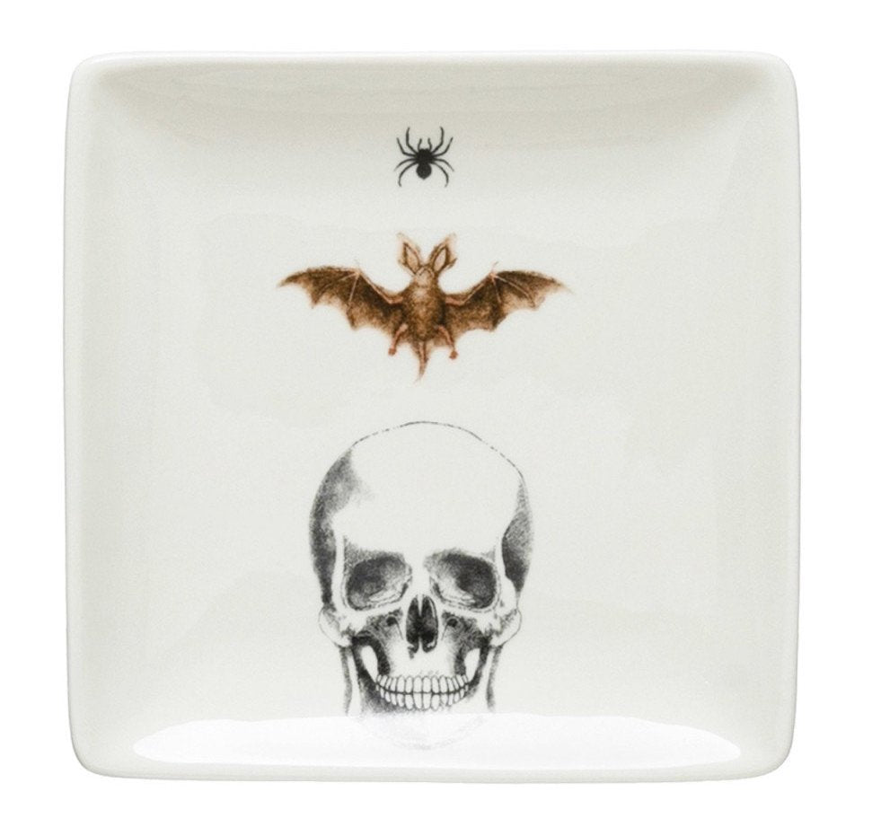 Skeleton Head and Bat Stoneware Halloween Plate